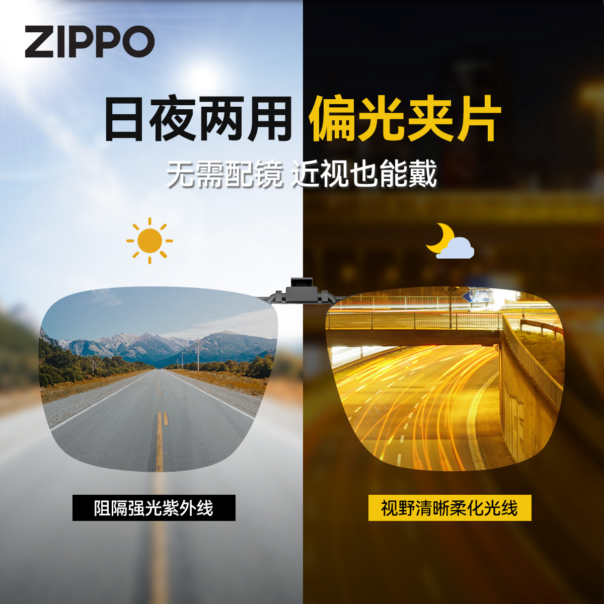 ZIPPO偏光墨镜夹片可套近视镜男开车日夜两用防紫外线远光太阳镜 - zippo眼镜旗舰店出品