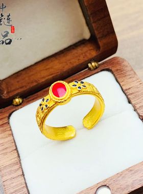 金店同款古法沙金凤华玲珑开口戒指女珐琅烧蓝中式宫廷风小花戒指