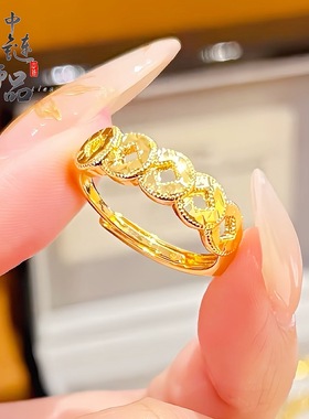 金店同款高保色古法沙金五帝钱开口戒指 新中式百搭钱币戒指