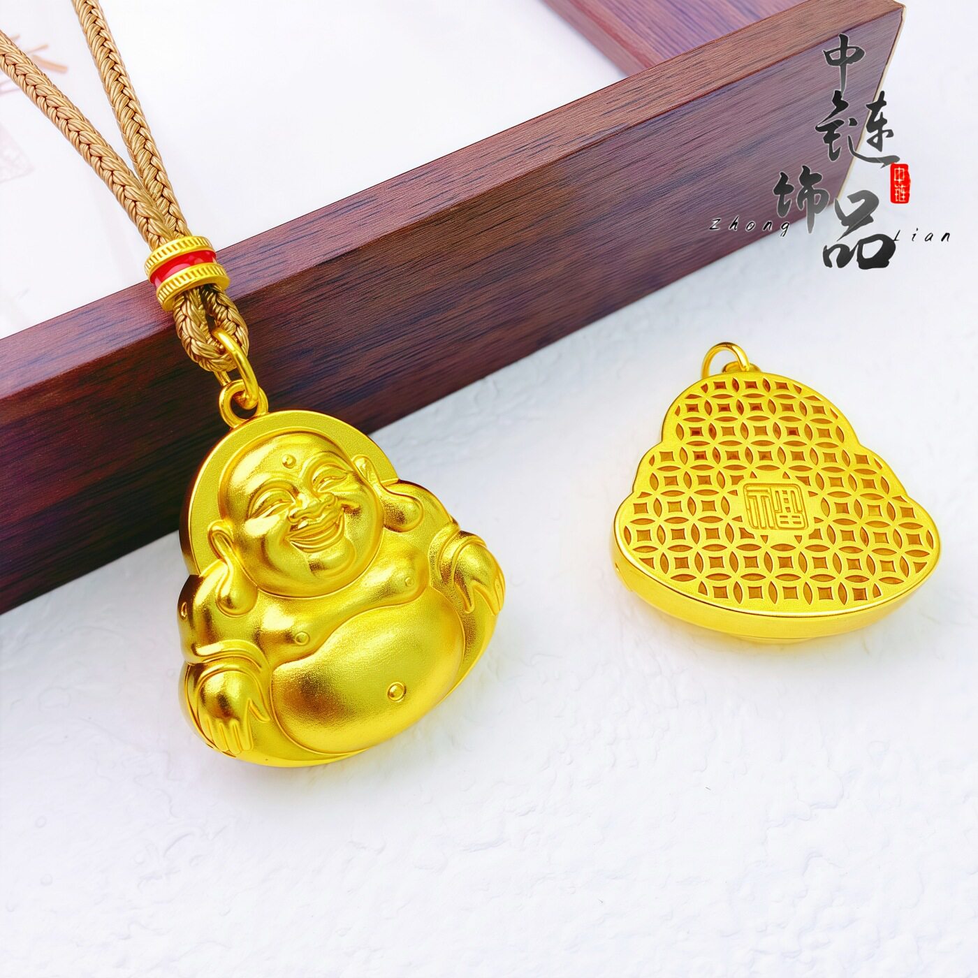 金店同款古法沙金镂空大肚弥勒佛吊坠 新中式复古笑面佛挂坠笑佛