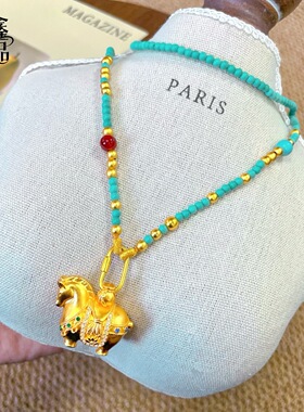 时尚手作绿松石猫眼珠唐马项链纯手工串珠diy配饰毛衣链汉服项链