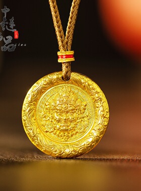 金店同款古法沙金錾刻祥云黄财神圆饼吊坠国潮风祥瑞麒麟圆形挂坠