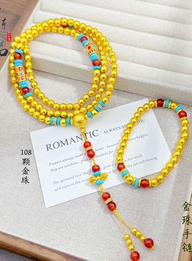 中链手作古法沙金磨砂多圈佛珠手链项链女 新中式降魔杵金珠手链