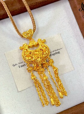 金店同款古法沙金繁花似锦百合花流苏锁包吊坠女新中式仿三金项链