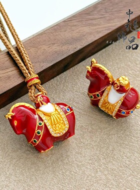 金店同款古法沙金珐琅彩马上有钱吊坠新中式镶钻红色唐马挂坠挂饰