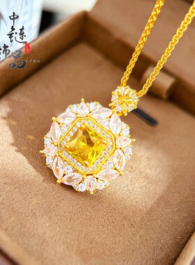 金店同款古法沙金爆闪大黄钻方糖吊坠轻奢高级镶钻方糖项链锁骨链