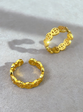 钱币开口戒指国潮风沙金复古铜钱纹指环百搭通勤气质不掉色食指戒