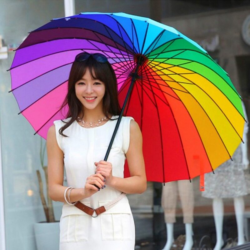24K加大男士24骨彩虹长柄雨伞大号双人超大黑色直柄商务伞子弹头