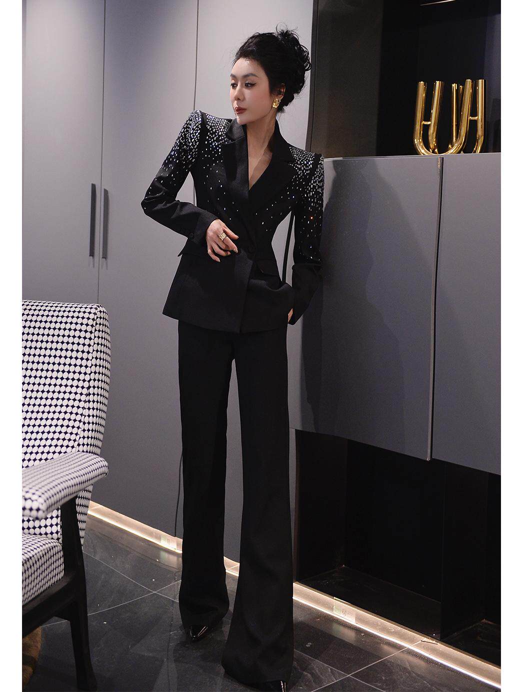 하이엔드 패션 중공업 핫 다이아몬드 기질이 가능한 전문복 여성 가을 ??겨울 블랙 슬림 슈트 나팔바지 투피스 세트