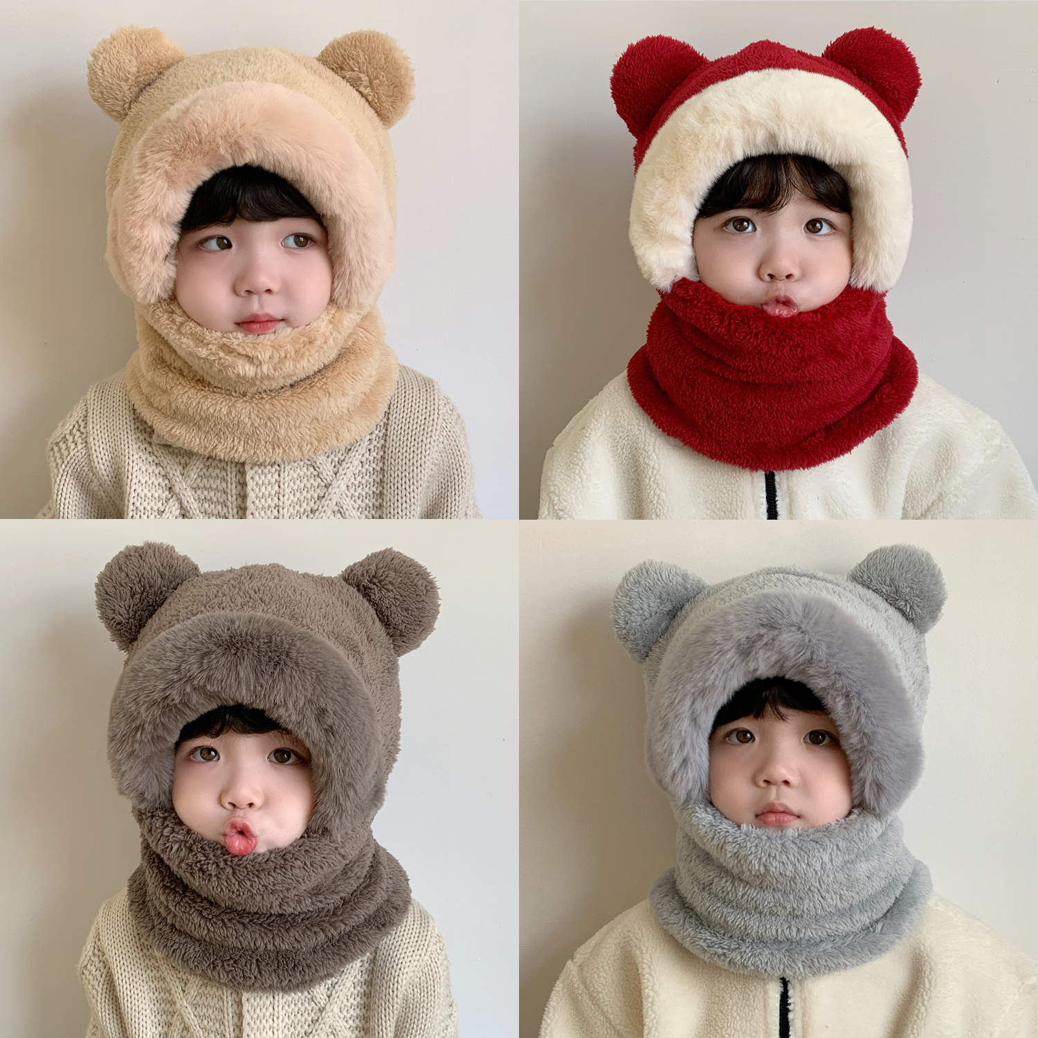 冬天儿童保暖帽男女童围脖一体加厚防风护耳毛绒帽子可爱小熊新款