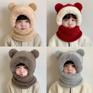 冬天儿童保暖帽男女童围脖一体加厚防风护耳毛绒帽子可爱小熊新款