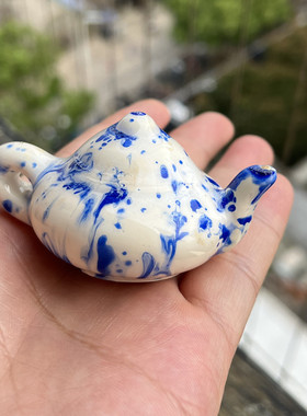 茶壶摆件 原创实心檀木雕刻 纯手工绘画
