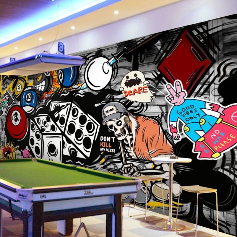 台球厅壁纸俱乐部涂鸦贴纸网红墙面装饰画吧台桌球室装修壁纸