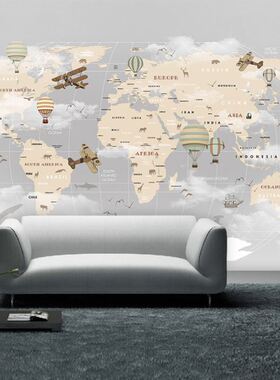 定制壁画壁纸无缝墙布墙纸现代简约地图热气球背景墙壁画19058/59