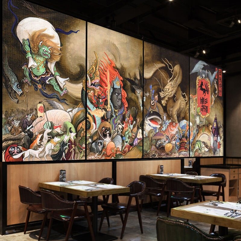 日本百鬼夜行图背景墙纸日式装修风格和风装饰壁画纹身店刺青壁纸
