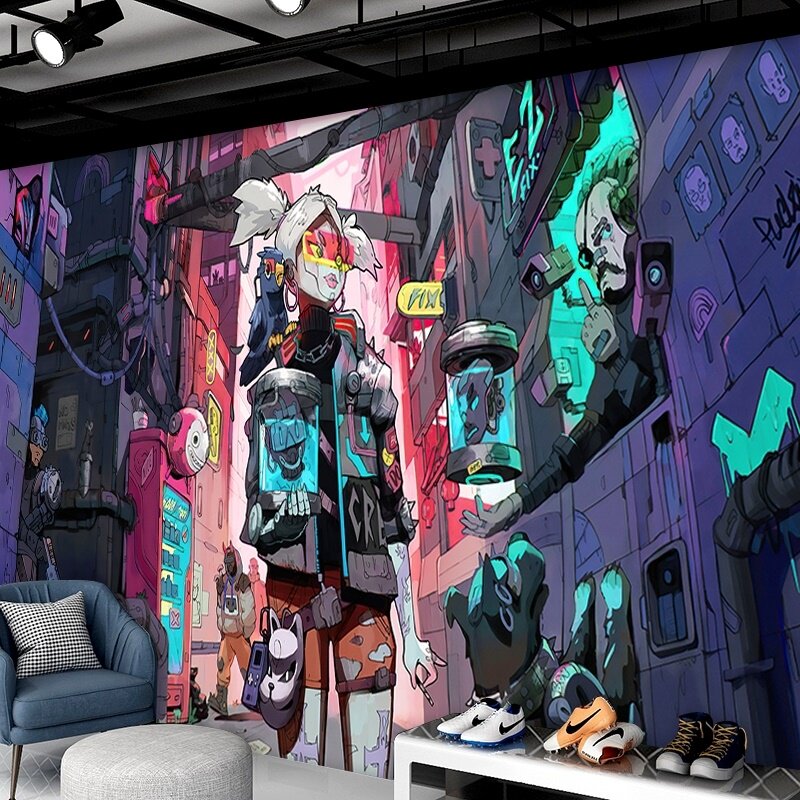 3d创意卡通赛博朋克壁纸未来科技感个性涂鸦背景墙潮牌工作室壁纸