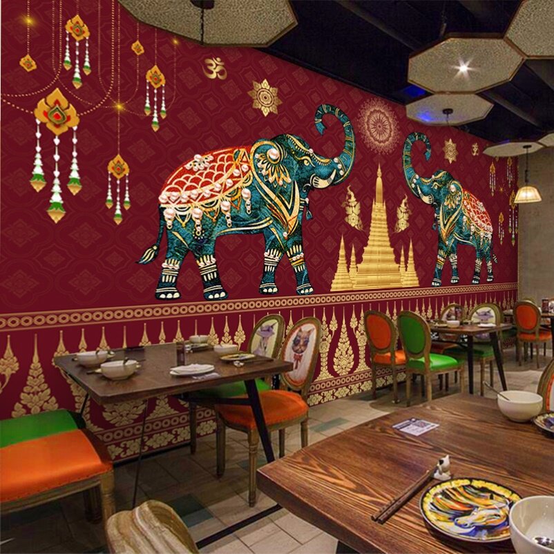 泰国异域风情壁纸东南亚风格装饰大象壁画奶茶店餐厅泰式花纹墙纸