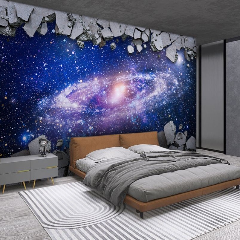 3d立体宇宙星空墙布ktv壁纸家庭影院天花吊顶壁纸太空破墙壁画