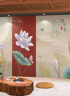 荷花壁画背景墙纸荷塘月色水墨画墙布国风古筝教室瑜伽馆装饰壁纸