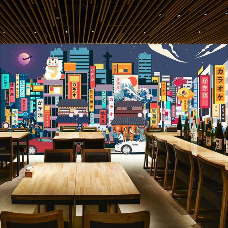 日本手绘街景壁纸建筑装饰壁画日式烤肉餐厅日料寿司店居酒屋墙纸图片