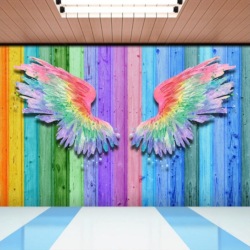 翅膀网红打卡拍照背景墙壁纸彩虹色壁画健身房舞蹈室街舞教室壁纸
