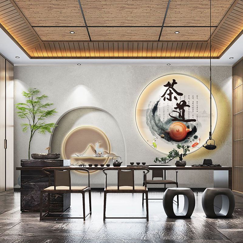 茶道茶文化壁纸茶叶店茶具紫砂壶定制壁画
