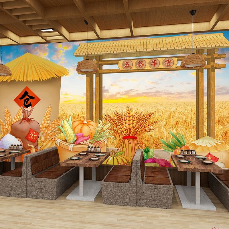 五谷丰登壁纸稻田水稻粮油大米杂粮直播间背景墙农村丰收饭店壁纸