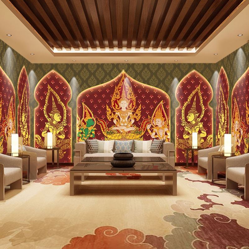 东南亚风格装修墙纸泰国佛像足疗按摩店壁纸泰式花纹养生会所墙布