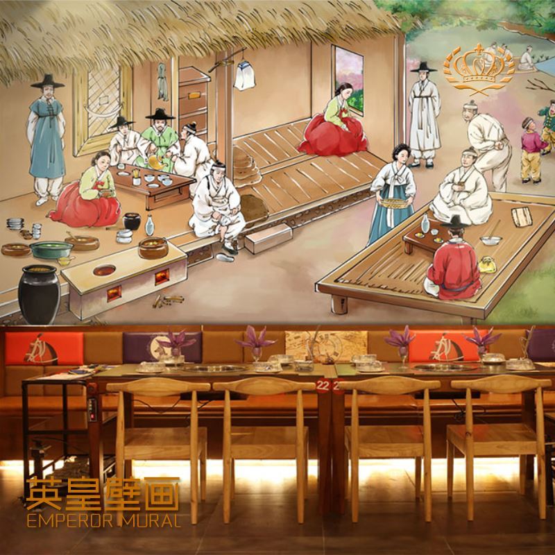 韩式料理店墙纸韩国朝鲜民族人物民俗壁画餐厅泡菜火锅烤肉店壁纸