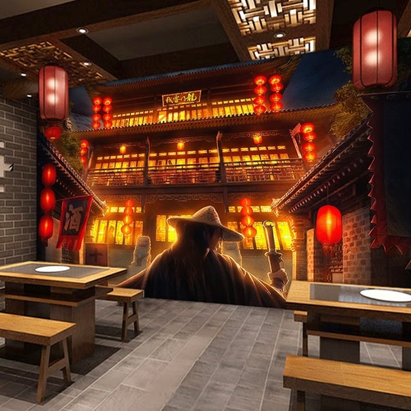 武侠风格国潮江湖酒馆壁纸布古风客栈侠客装修烧烤火锅店壁纸