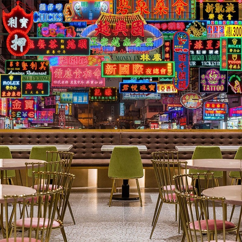 港风霓虹灯街景招牌墙纸香港夜景装饰港式茶餐厅打边炉火锅店壁纸