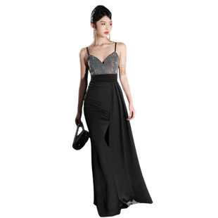 黑色晚礼服女高级感名媛宴会重工年会主持人鱼尾裙高端大气上档次