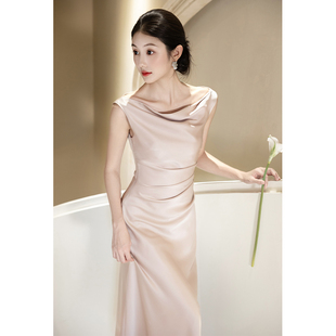 粉色晚礼服女2026新款高端宴会气质订婚连衣裙缎面高级感日常可穿