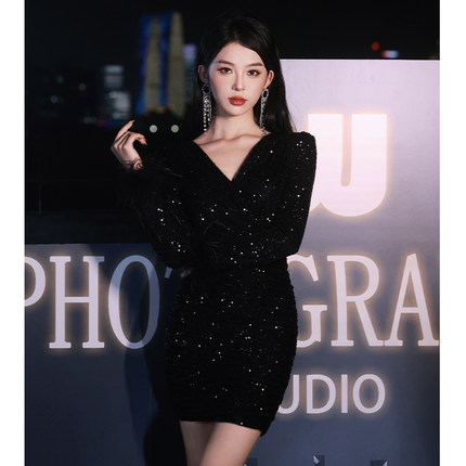 黑色晚礼服女名媛气质长袖宴会连衣裙亮片轻奢小众高端年会高级感