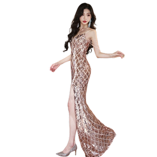 亮闪晚礼服女高级感年会主持人宴会气质性感吊带鱼尾长款高端重工