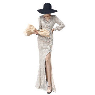 银色高端晚礼服裙女2025新款宴会晚宴气质长袖年会主持人气场女王