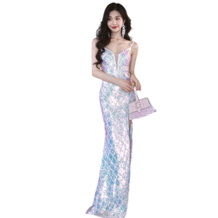 高端晚礼服女高级感年会主持人宴会气质性感吊带鱼尾长款端庄大气