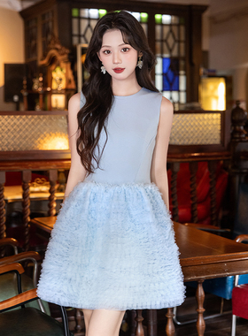 蓝色小晚礼服女高级感轻奢小众高端小个子生日聚会连衣裙日常可穿
