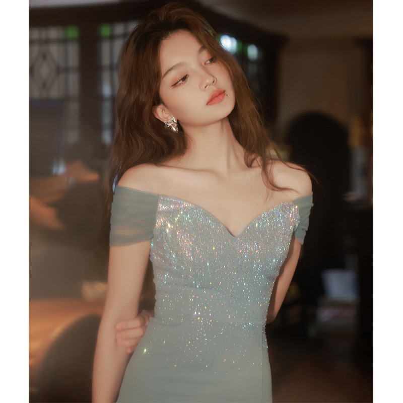 蓝色小晚礼服裙女2025新款高端轻奢小众小个子短款气质名媛一字肩