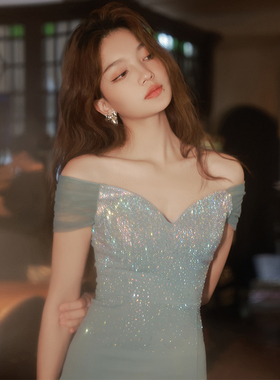 蓝色小晚礼服裙女2026新款高端轻奢小众小个子短款气质名媛一字肩