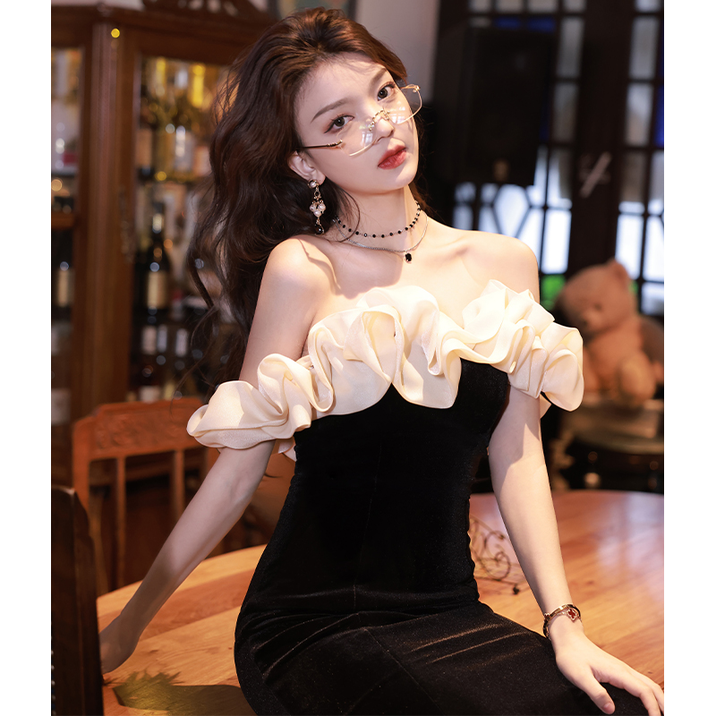 绎冉韩版一字肩中长款晚礼服