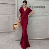 鱼尾晚礼服女高级质感2025新款 宴会气质敬酒服新娘重工连衣裙红色
