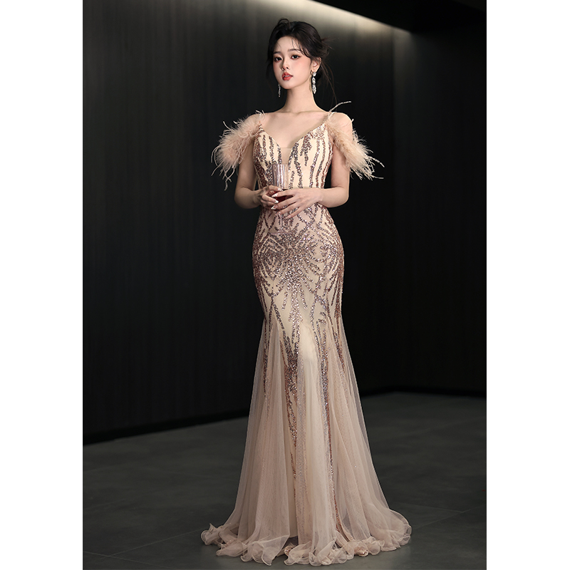 亮片羽毛袖晚礼服女高级感名媛