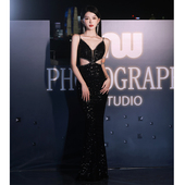 黑色晚礼服女2025新款 轻奢小众高端设计感主持人年会高级感连衣裙