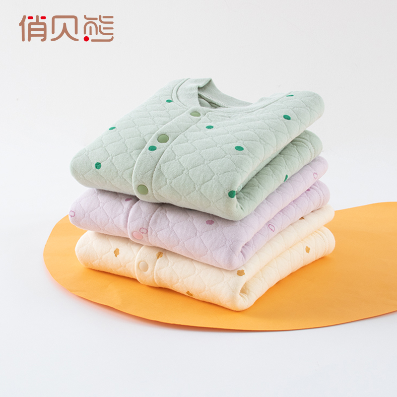 婴儿保暖上衣纯棉秋冬季厚宝宝三层夹棉内衣无骨单件秋衣男女儿童