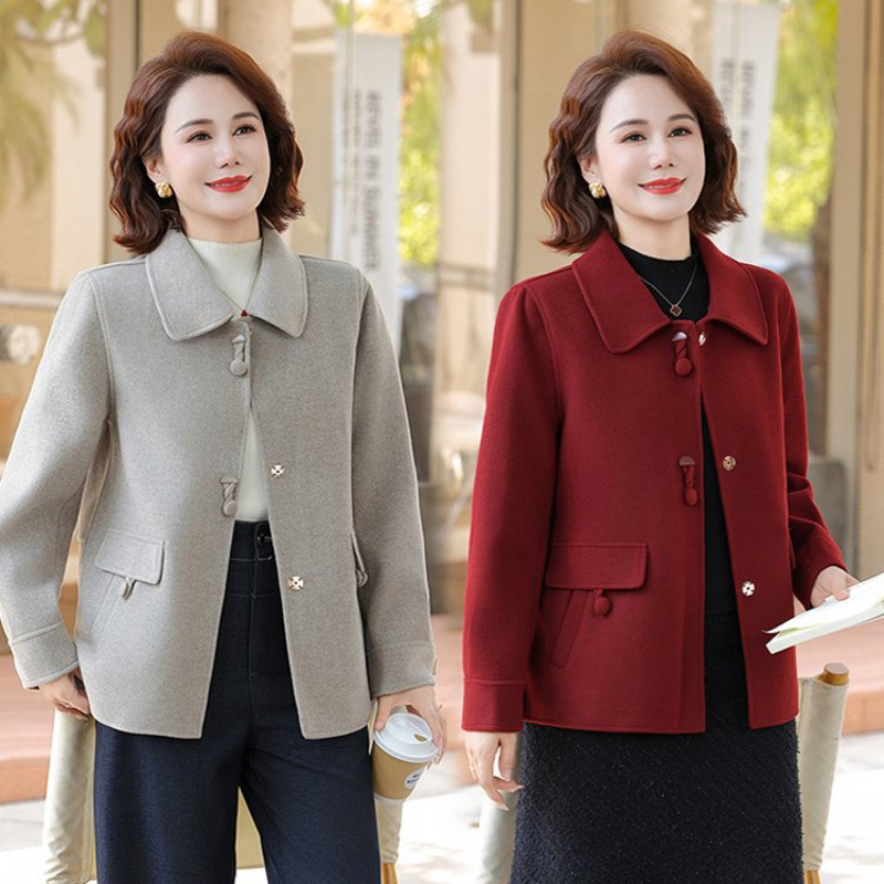 新中式妈妈秋装双面呢大衣女中年春秋外套中老年女装呢子短款毛呢