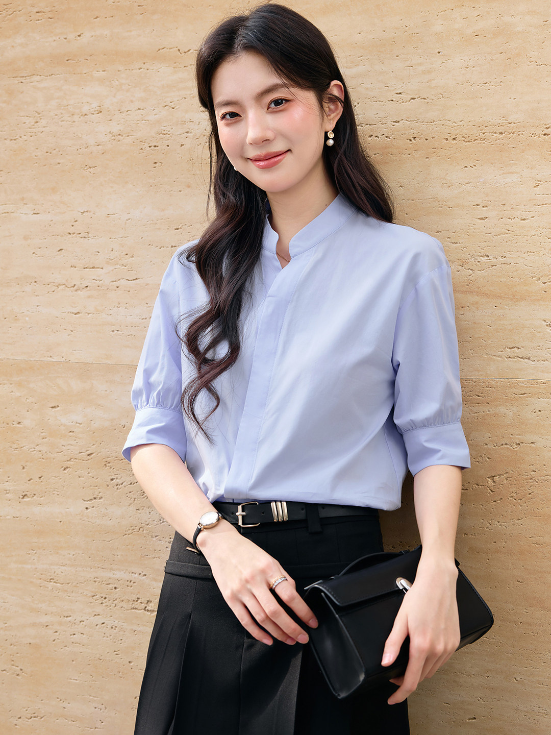 浅蓝色纯棉衬衫女2026新款夏季面试正装小衫高级感气质职业装衬衣