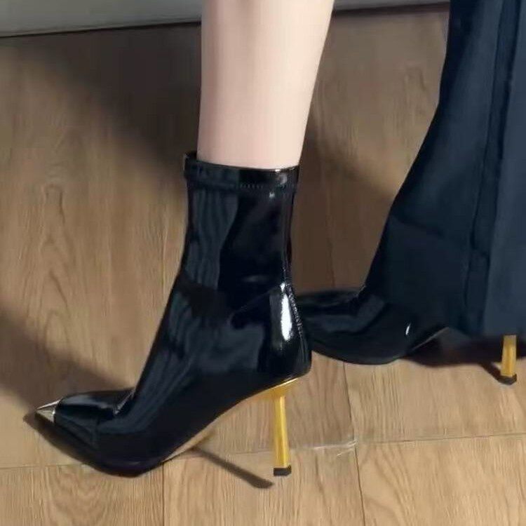 朴彩英同款漆皮高跟短靴女2025秋冬季金属方头高跟鞋细跟瘦瘦裸靴