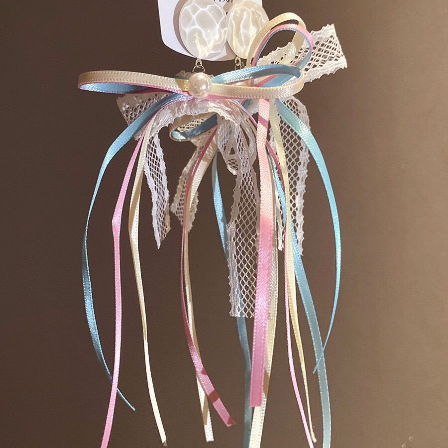 蕾丝物语~彩色蝴蝶结丝带耳环女高级感度假风耳钉独特漂亮耳饰45