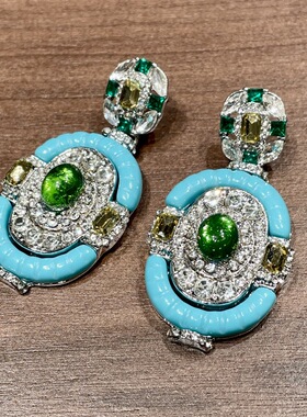 欧美夸张蓝色椭圆形耳环满钻超闪祖母绿耳坠复古女重工礼服配饰31
